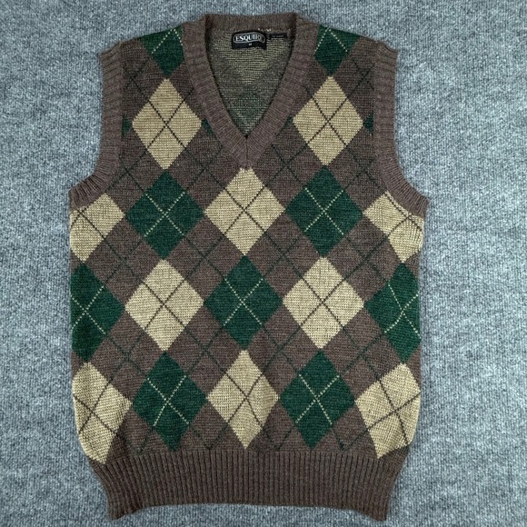 Vintage Argyle Sweater Vest Medium Brown Green Tan Wool Blend Grandpa Academia - Picture 1 of 6